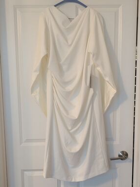 Elegant White Draped Midi Dress with Graceful Back Detail